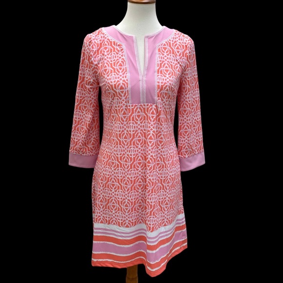 Cabana Life/Talbots Embroidered Tunic Dress Contrast Neckline Coral Lattice S - Picture 5 of 14